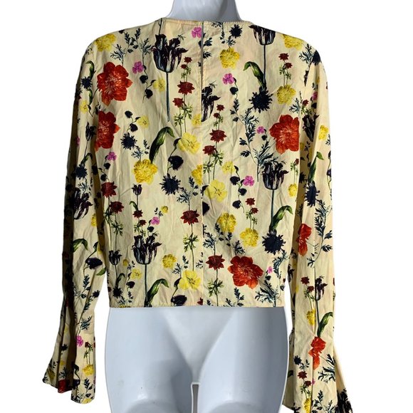 H&M Floral Bell Sleeve Crop Top 4 Beige Tie Front Key Hole Button Round Neck - Picture 3 of 5